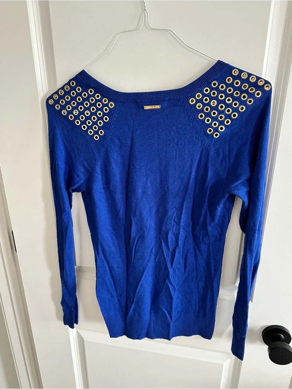 Michael Kors Royal Blue V-Neck Sweater with Gold Eyelet Shoulders